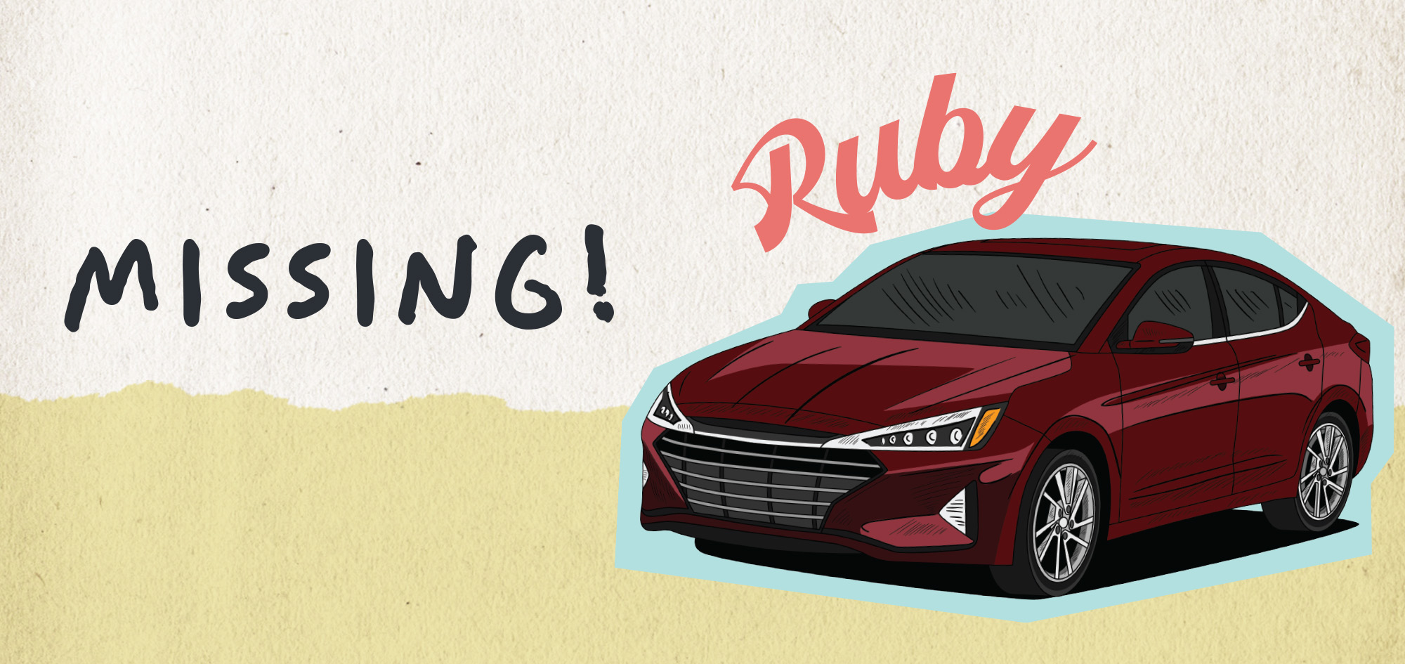 a red car with the title "missing!"