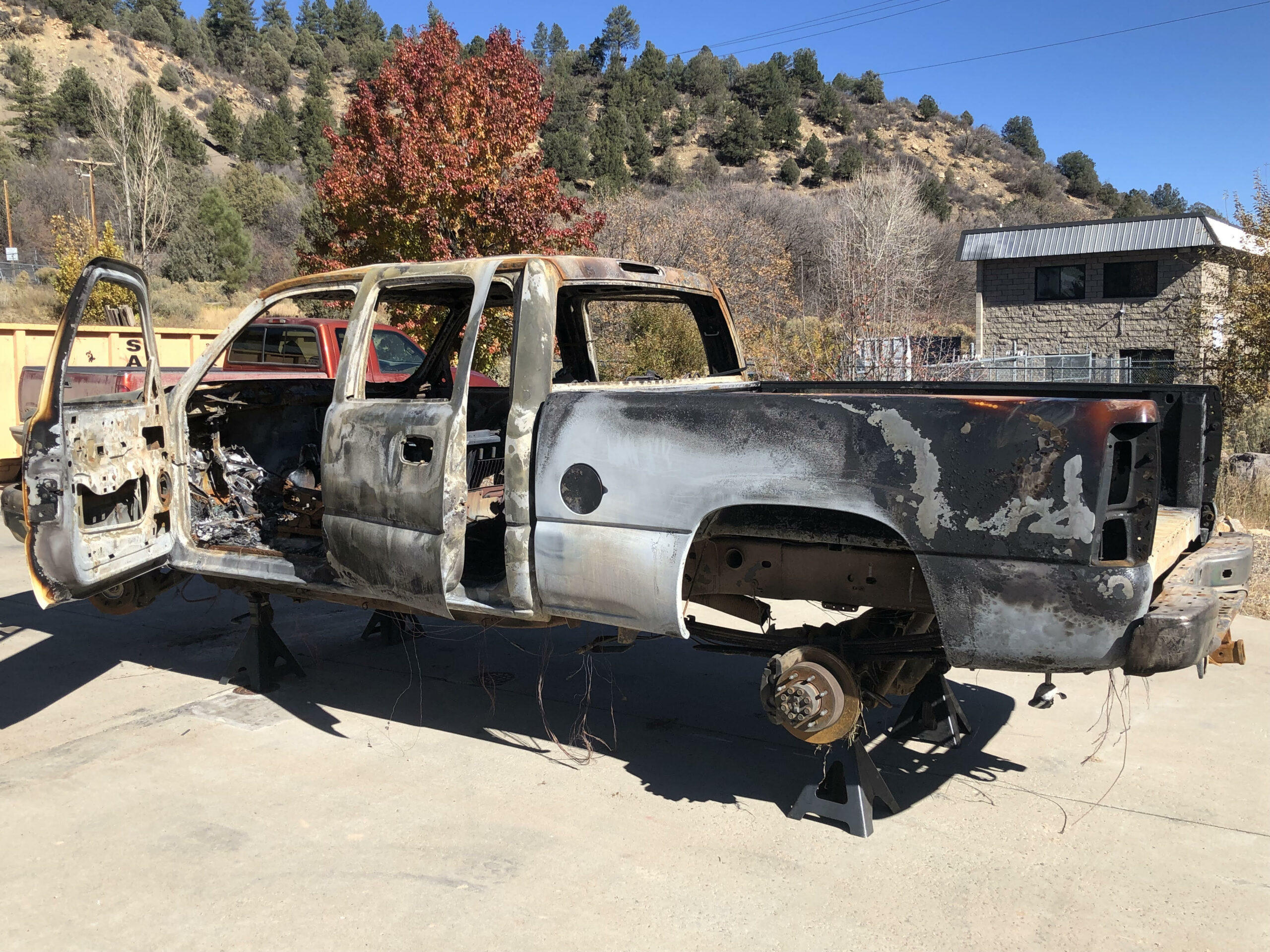 Truck with extensive burn damage